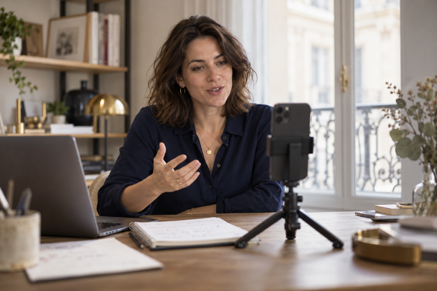 Une professionnelle enregistre une vidéo avec un smartphone sur trépied à son bureau.